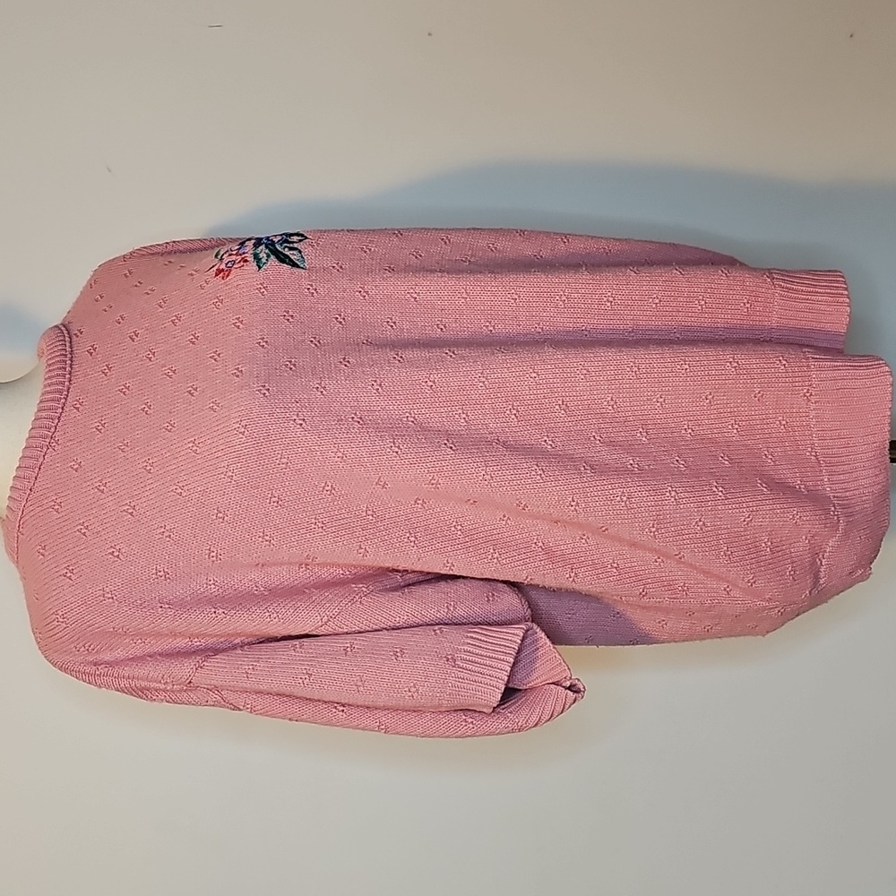 Vintage Liz Baker Pink Knit Short Sleeve Sweater Floral Embroidery Grandmacore - Picture 2 of 7